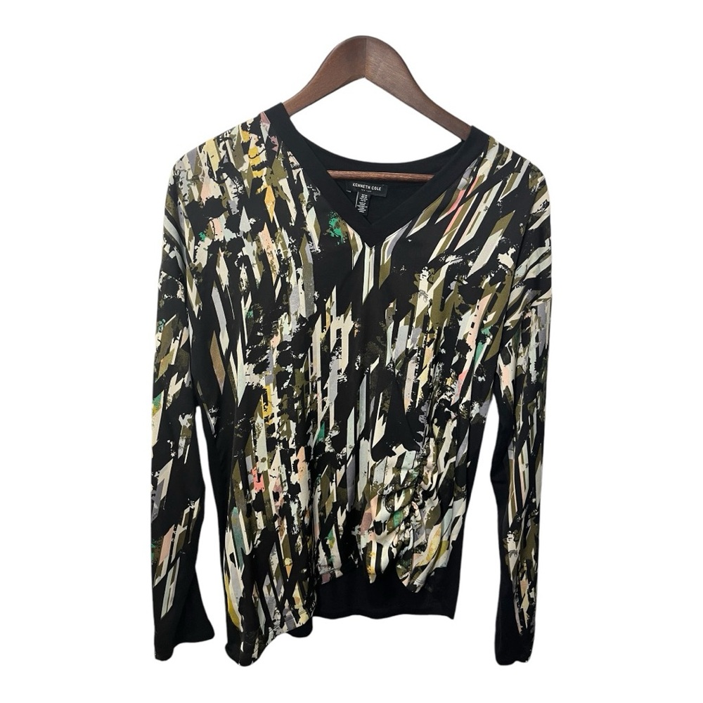 KENNETH COLE NEW YORK BLACK V-NECK ABSTRACT ART ASYMMETRICAL BLOUSE SZ MEDIUM